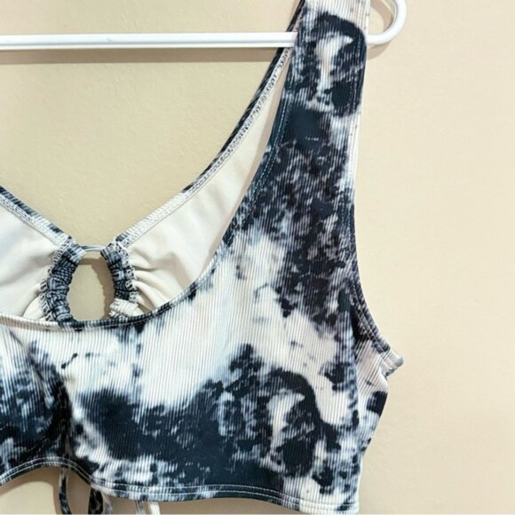 SHEIN Black & White Tye Die Ribbed Bikini Top w Drawstring Cut Out - Picture 11 of 15
